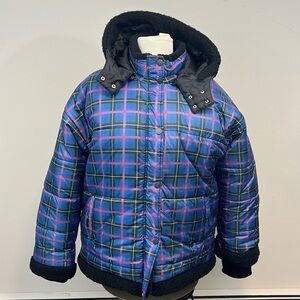 EV1 by Ellen‎ Blue Plaid Winter Puffer Removable Hood Black Fleece Trimmed XXL